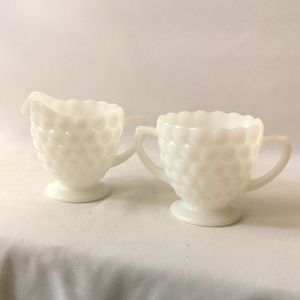 Vintage White Milk Glass Hobnail Pattern Sugar Bowl and Creamer Set